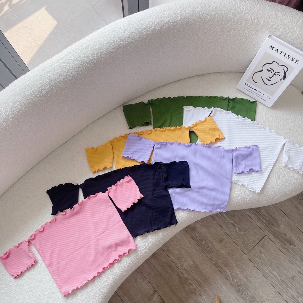 Áo kiểu thun gân trễ vai viền biên cực xinh hot hit