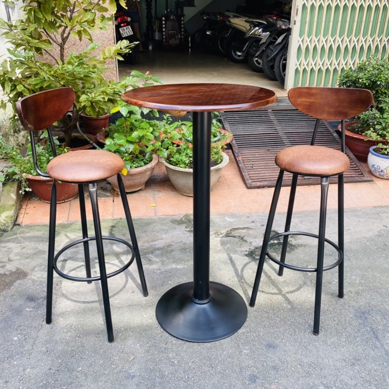 Bộ bàn ghế cafe quầy bar ghế cao 75, bàn cao 110cm màu nâu đỏ PU, ghế mặt nệm