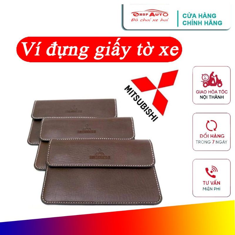 Ví da đựng đăng kiểm, giấy tờ ô tô cao cấp in dập nổi logo hãng xe Mitsubishi kích thước 19x12cm