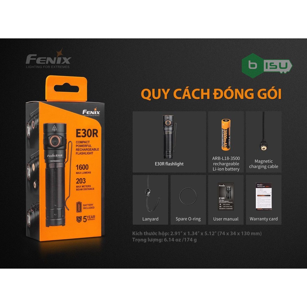 ĐẠI LÝ ĐỘC QUYỀN FENIX - Đèn pin Fenix - E30R - 1600 Lumens