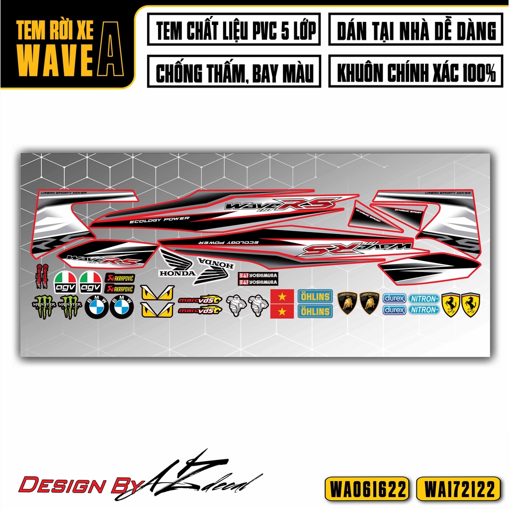 Tem Rời Dán Wave A Mẫu RS100 | WA22 | Decal Chế Xe Máy Wave Alpha 110 100 Chống Nước, Bền Màu
