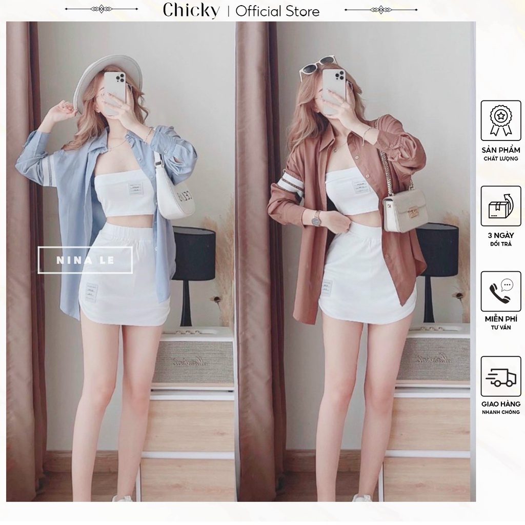 set 3 món áo sơ mi tay dài kèm áo bra phối cùng với chân váy mini