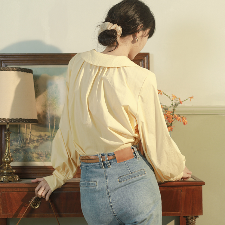 Áo Sơ Mi Tay Phồng Màu Trơn Phong Cách Retro Thanh Lịch Dành Cho Nữ