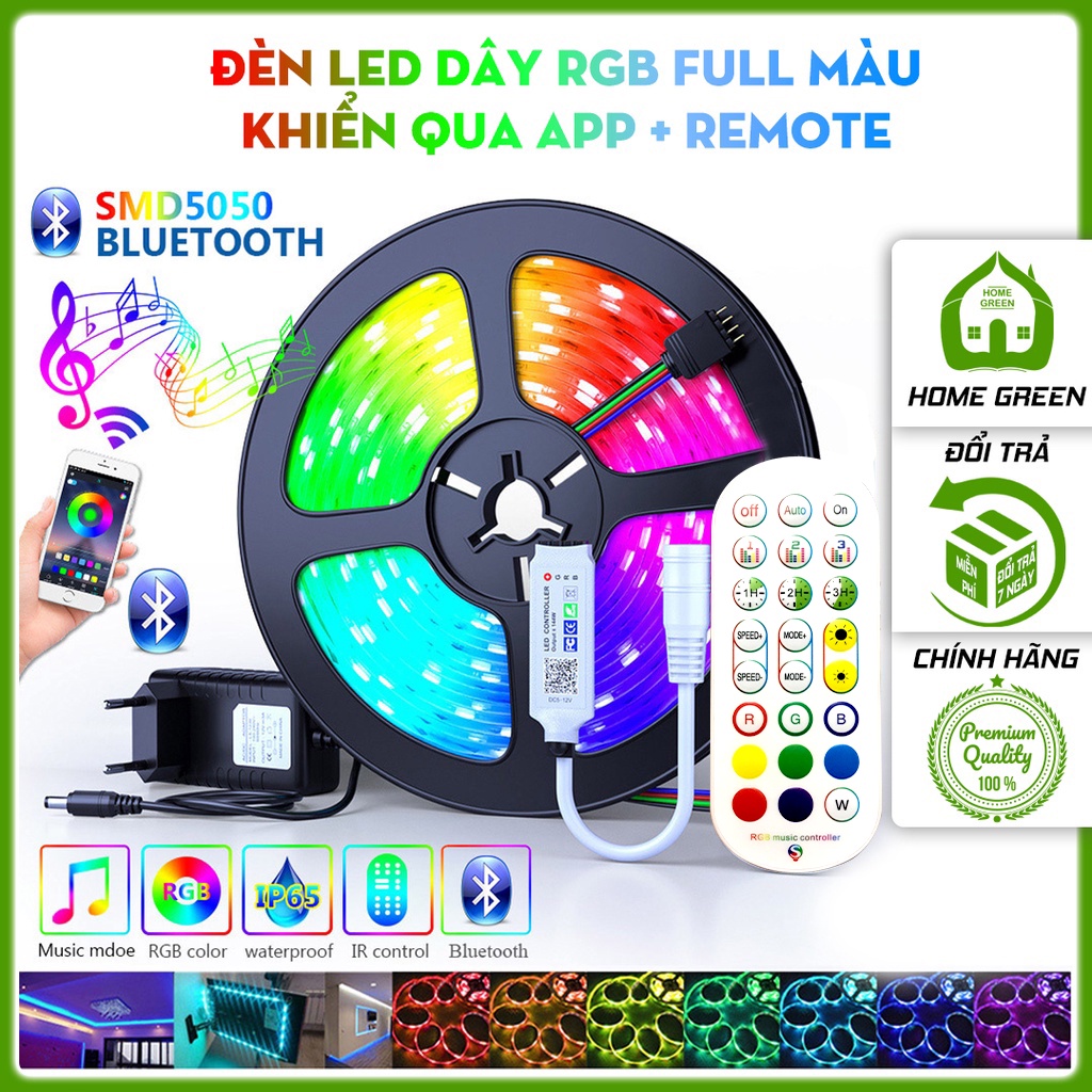 Đèn Led dây RGB 5050 full màu nháy theo nhạc điều khiển bằng App điện thoại qua Bluetooth + remote dài 3m, 5m, 10m