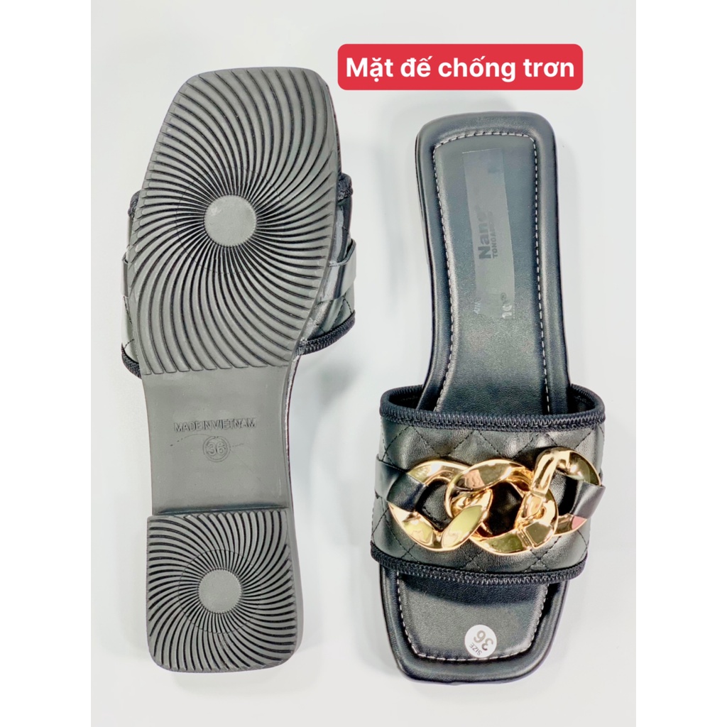 Dép lê nữ thời trang đế bệt quai trần chỉ kẻ ô gắn xích đi êm chân