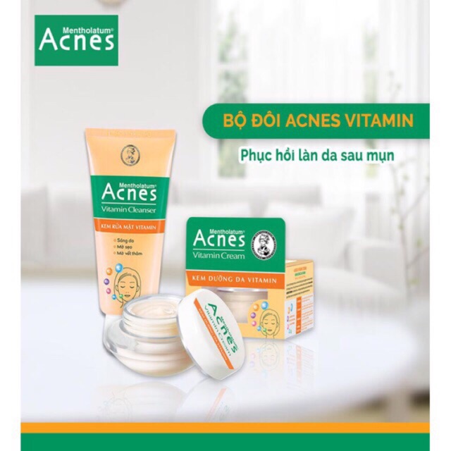 Combo phục hồi làn da sau mụn Acnes gồm kem rửa mặt Acnes Vitamin 100g/50g và kem dưỡng da Acnes Vitamin 40g