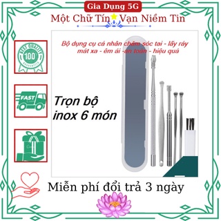 [Hộp Nhựa] Dụng cụ ngoáy tai Inox 6 món-bộ lấy ráy tai thép không rỉ 6 món,bộ mát xa tai , làm sạch tai hiệu qủa