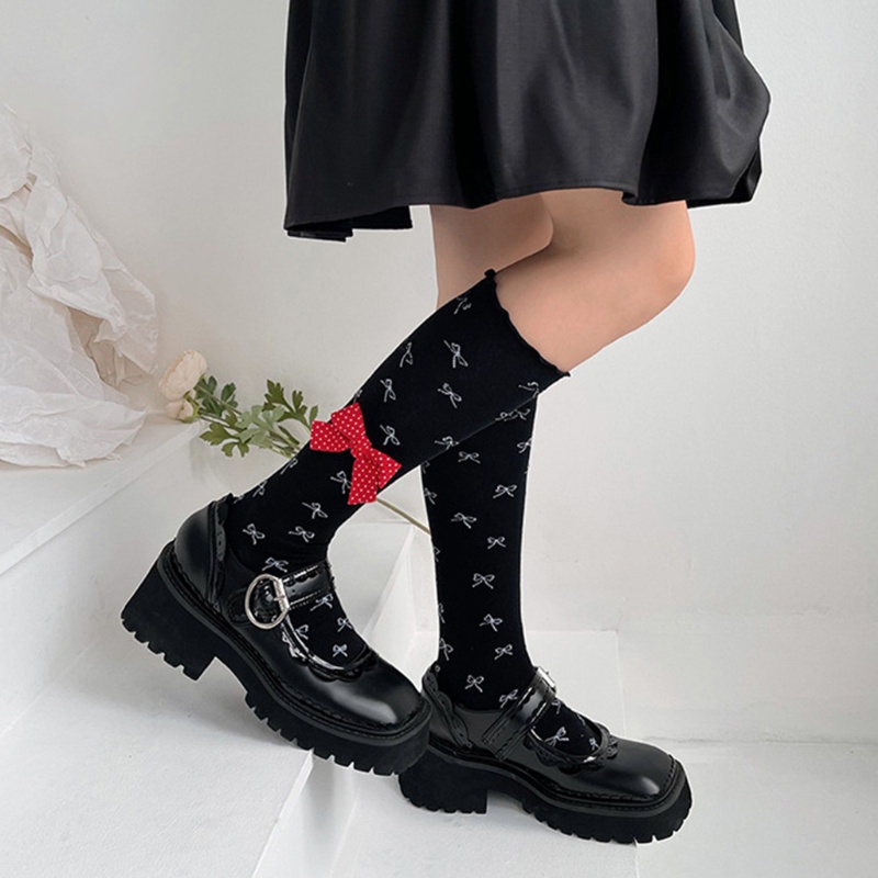 Youyo Vớ Ống Lửng Vừa Bằng Cotton Co Giãn Phối Bèo Nhún Họa Tiết Chấm Bi Phong Cách Lolita Nhật Bản Dễ Thương Cho Nữ