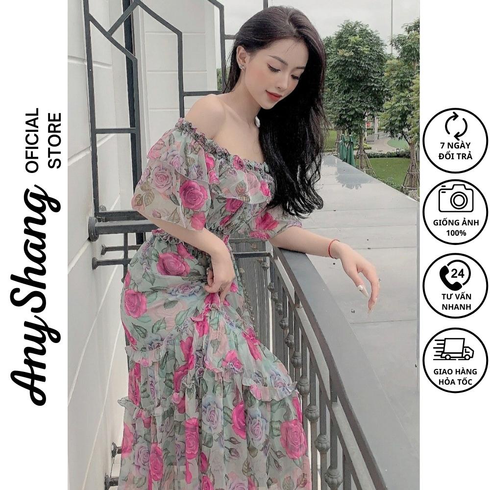 Đầm maxi dài trễ vai AnyShang, Đầm maxi hoa đi biển thả dáng thướt tha ANSM101