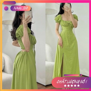 Váy Nữ Dáng Dài Chun Lưng Khoét Eo Xẻ Tà Tay Bồng Chất Đũi Mềm