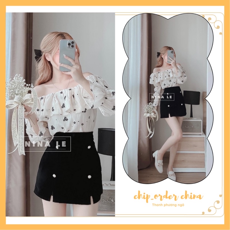 Áo trễ vai hoa nhí đũi nhăn / chân váy nhung đính cúc sang chảnh full set (hàng sẵn)