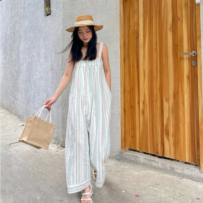 Bộ jumpsuit MIEU oversize sọc màu - HA05 (FS Xanh sọc)