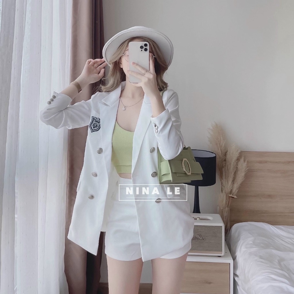Set Bộ Vest Nữ 3 Món Công Sở Đi Tiệc ,Set Bộ Váy 2 Dây Đệm Ngực Kèm Áo Khoác Vest Thời Trang Tay Dài Logo Ngực
