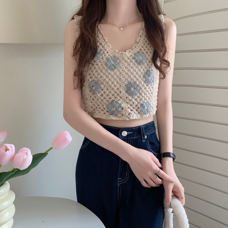Áo Croptop Cổ Chữ V Thêu Hoa Khoét Rỗng Thời Trang Đi Biển Cho Nữ
