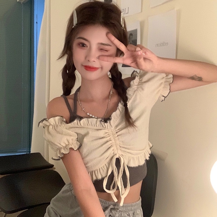 Áo Croptop Tay Ngắn Dây Rút Phong Cách Hàn Quốc Thời Trang Cho Nữ