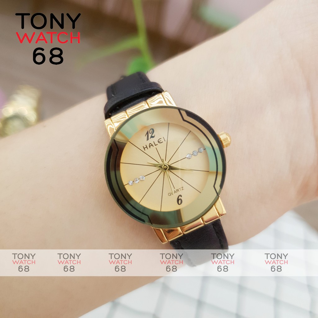 Đồng hồ nữ dây da Halei dây đen mặt đen chính hãng Tony Watch 68