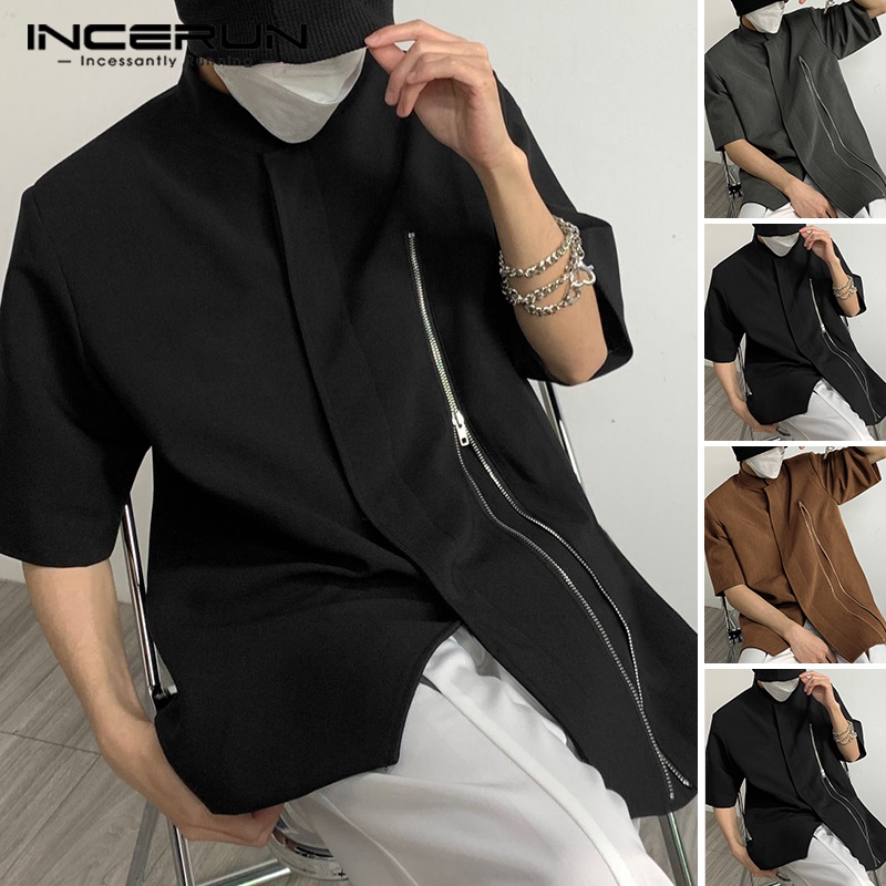 Áo sơ mi INCERUN tay lửng cổ đứng màu trơn phối khóa kéo thời trang mùa hè vintage dành cho nam