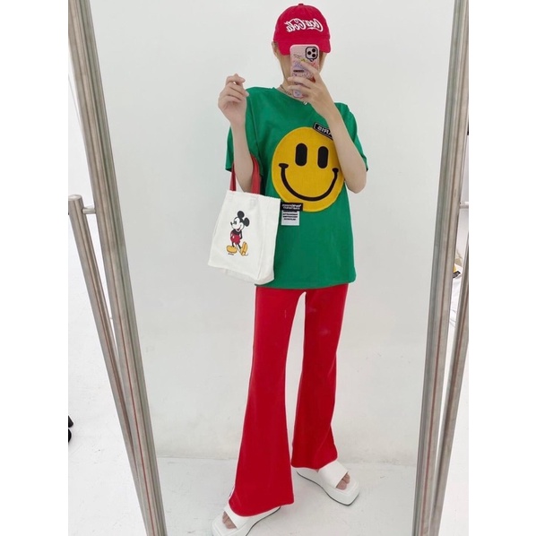 [ XÃ KHO SALE LỖ] set quần suông đỏ áo thun cotton mặt cười thêu, set quần suông cá tính