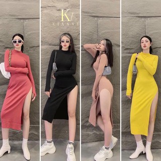 Đầm body dài xẻ cao trơn màu