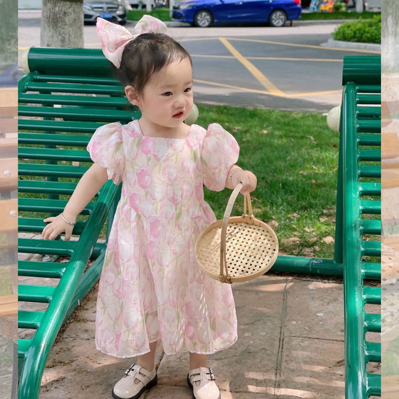 Đầm Công Chúa Mùa Hè Tay Cộc In Họa Tiết Hoa Hợp Thời Trang Phong Cách Hàn Quốc Cho Bé Gái