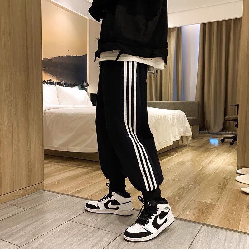 Quần ống rộng ✨ freeship ✨ quần 3 sọc nam nữ có dây rút vải thun cotton thể thao 4 chiều form jogger dáng suông