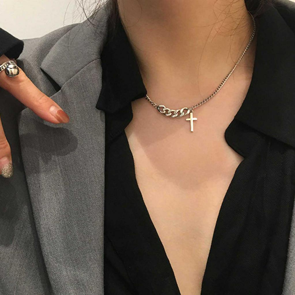 Vòng cổ mặt hình thánh giá màu bạc phong cách Hiphop cá tính