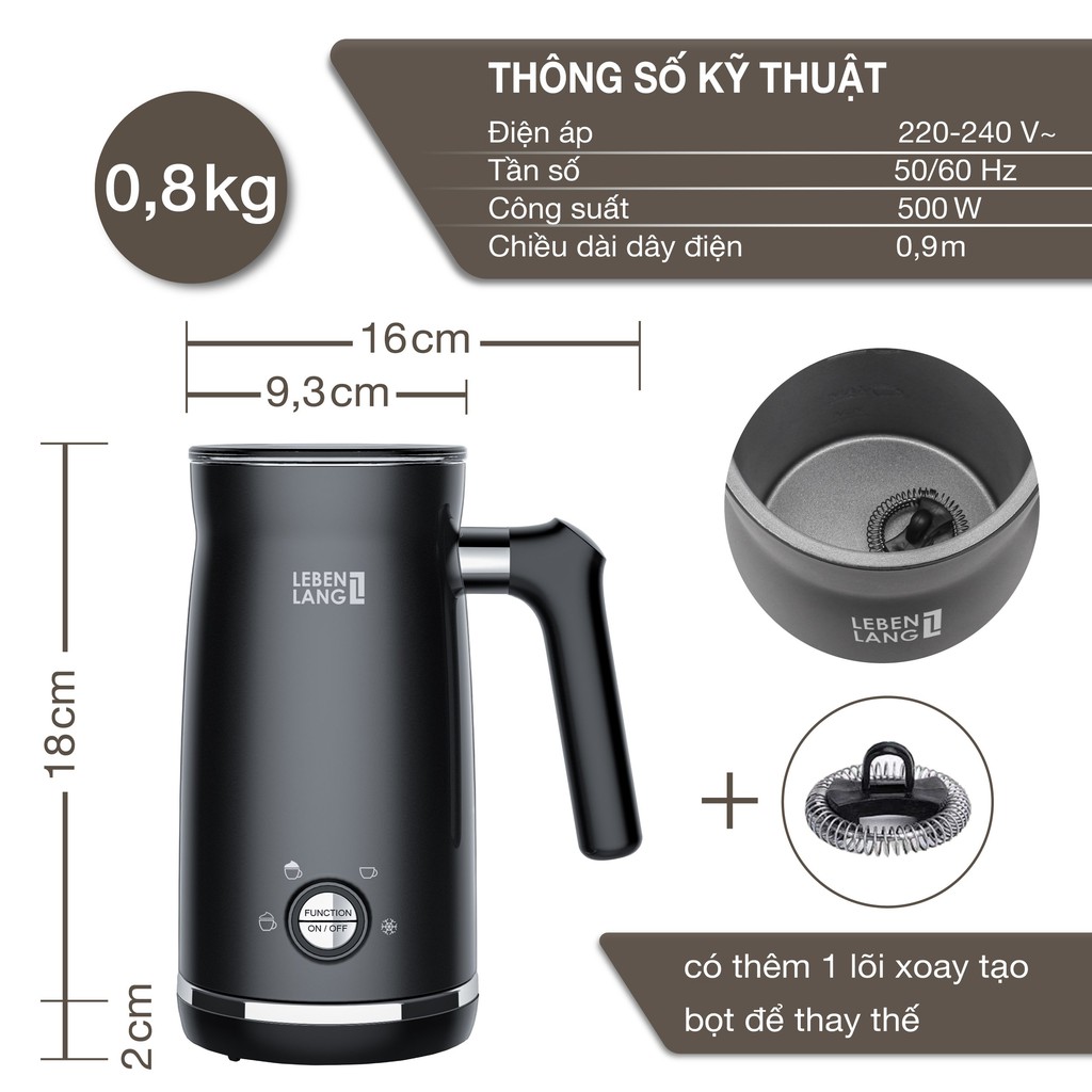 Máy tạo bọt sữa, cà phê LEBENLANG LBF3088 gồm 4 chế độ nóng lạnh, thiết kế cầm tay tiện lợi, bảo hành 2 năm