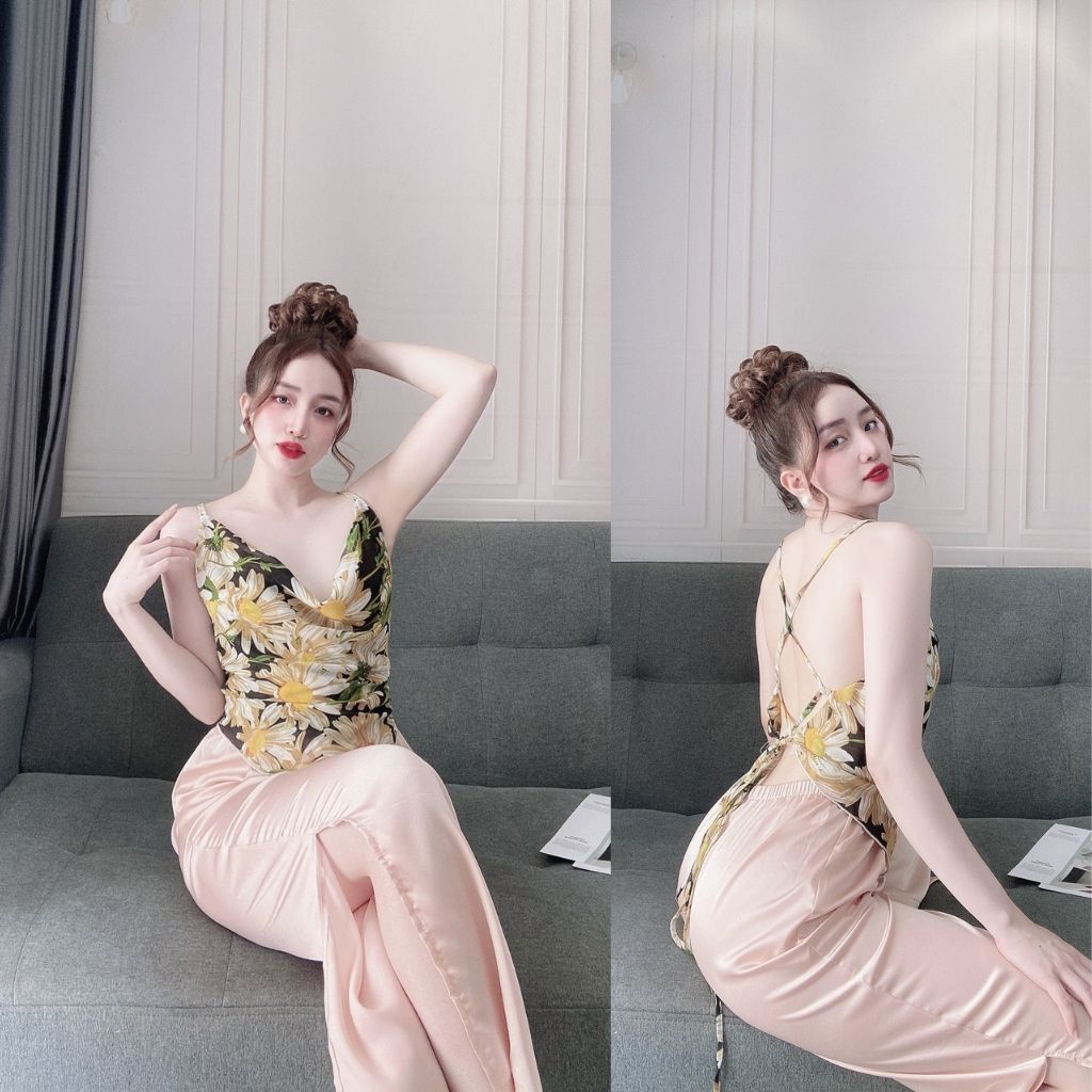 Đồ ngủ nữ sexy bộ lụa mặc nhà 2 dây quần dài cổ yếm đỗ gợi cảm chất lụa sation phối chiffon cao cấp