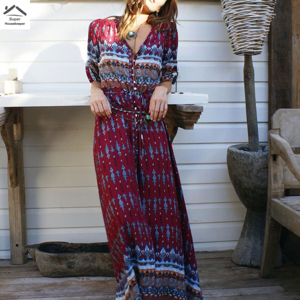 Đầm Maxi Tay Dài Cổ Chữ V Dáng Rộng Cài Nút Họa Tiết Thổ Cẩm Phong Cách Boho Thời Trang Cho Nữ