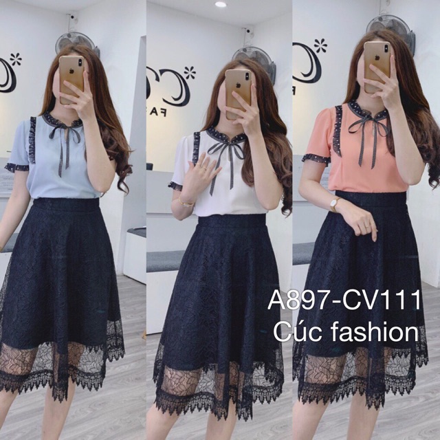 Áo sơ mi voan chấm bi  cao cấp cúc fashion