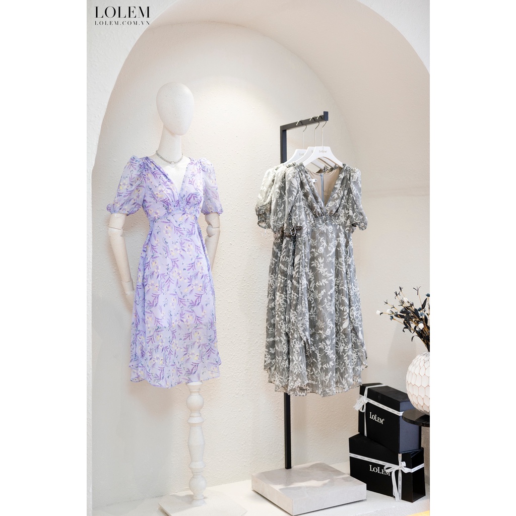 Đầm xòe dự tiệc chất liệu tơ xước in họa tiết cổ V tay con bồng LOLEM DX304