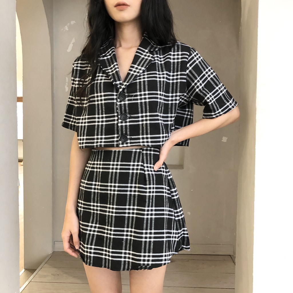 (độc lạ) SET CROPTOP ÁO VEST KẺ + QUẦN VÁY NỮ KHOÁ KÉO 4 MÀU - SET VEST CARO ÁO CROPTOP CÚC CÀI KẺ MIX CHÂN VÁY CHỮ A