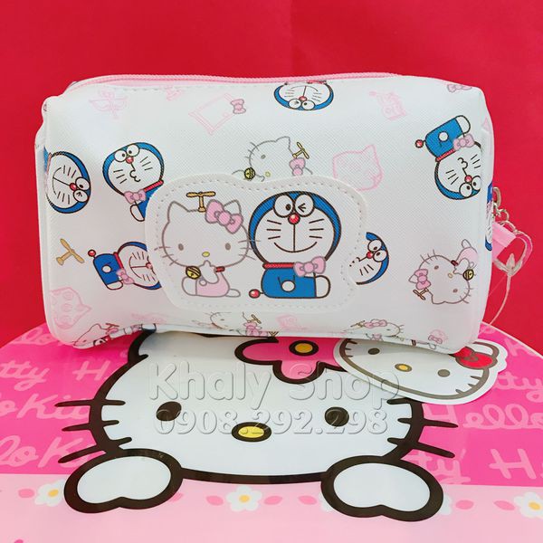 Hộp bút, bóp viết, túi đựng dụng cụ trang điểm, mỹ phẩm 1 ngăn nhiều hình Doremon và Hello Kitty màu trắng viền hồng