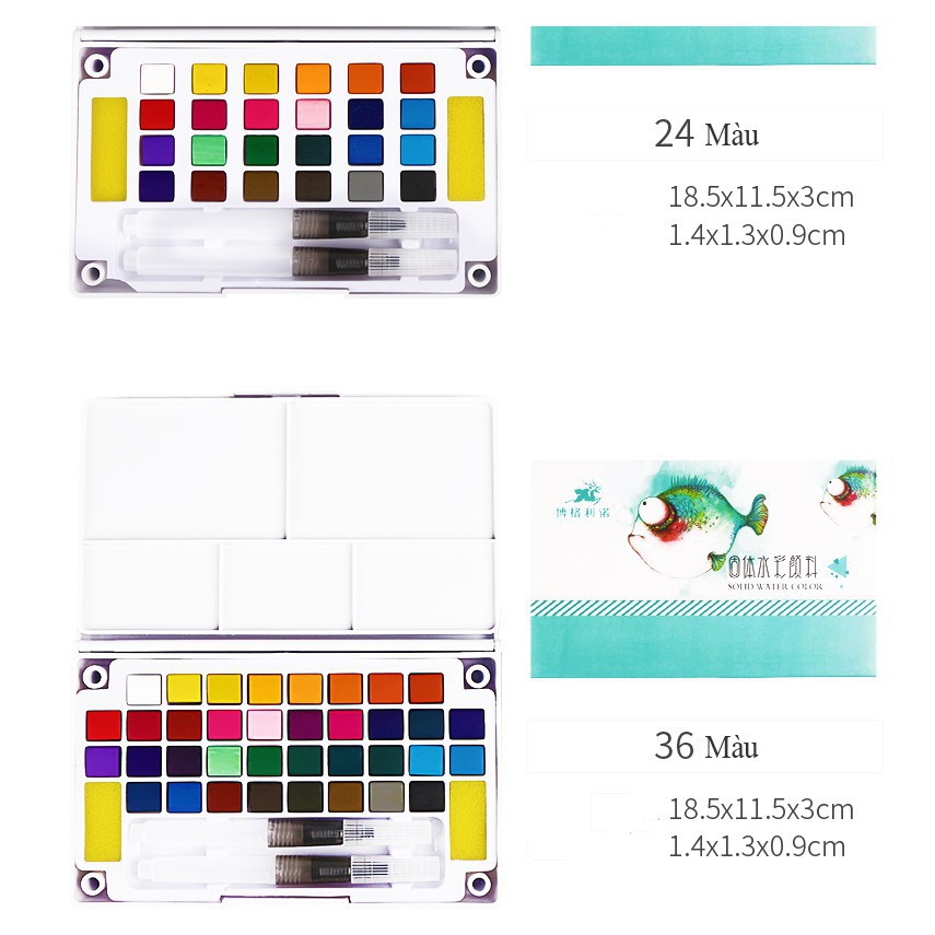 Bộ Màu Nước Solid Water Color Cao Cấp 12/18/24/36 Màu Tặng 2 Bút Nước, 2 Mút, 1 Palette