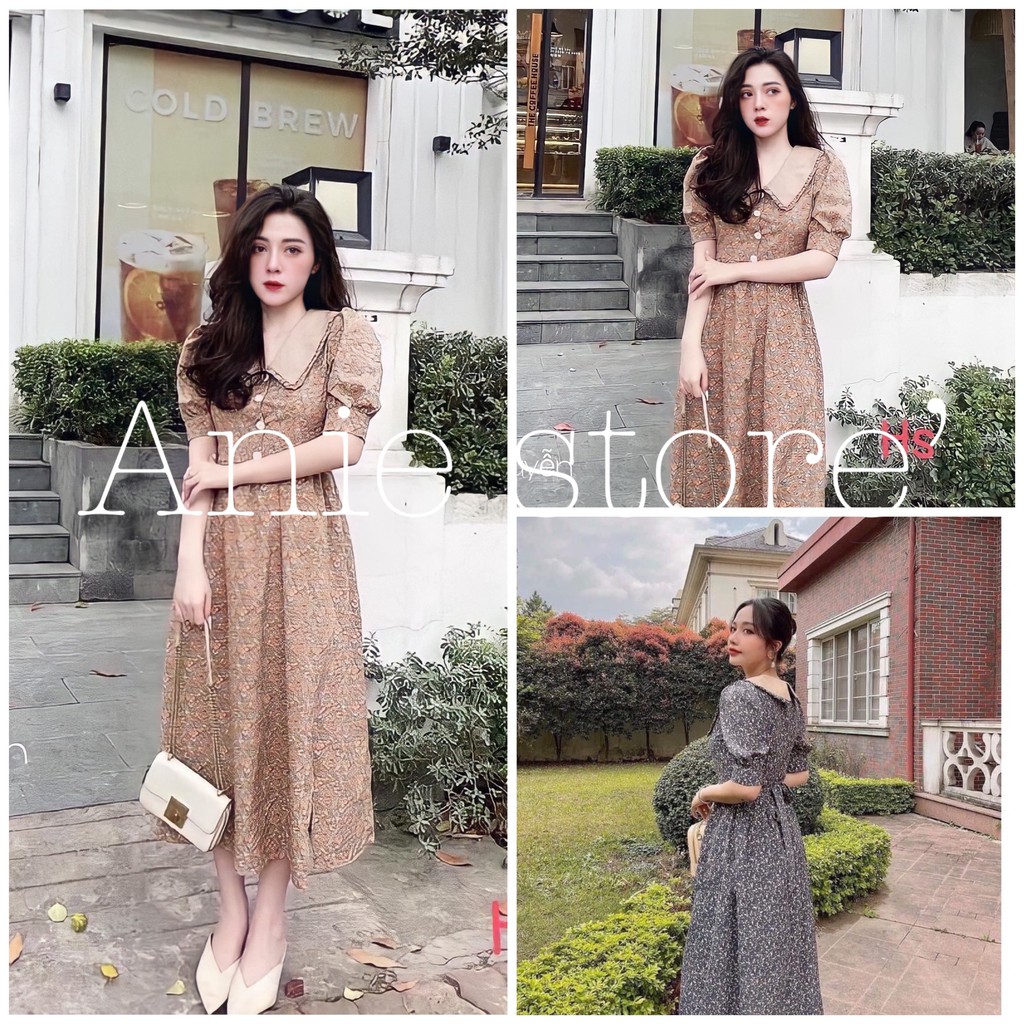 Đầm Nữ Hoa Nhí Ngắn Tay Cổ Bèo Phối Màu 🦋 Váy Nữ Cộc Tay Hoa Dáng Xòe Khóa Sau 3 Màu 🦋