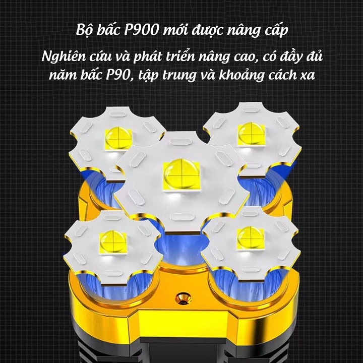 Đèn pin siêu sáng cầm tay 5 bóng chiếu xa 200m, chống thấm nước 4 chế độ sáng, đèn pin Led sạc tích điện