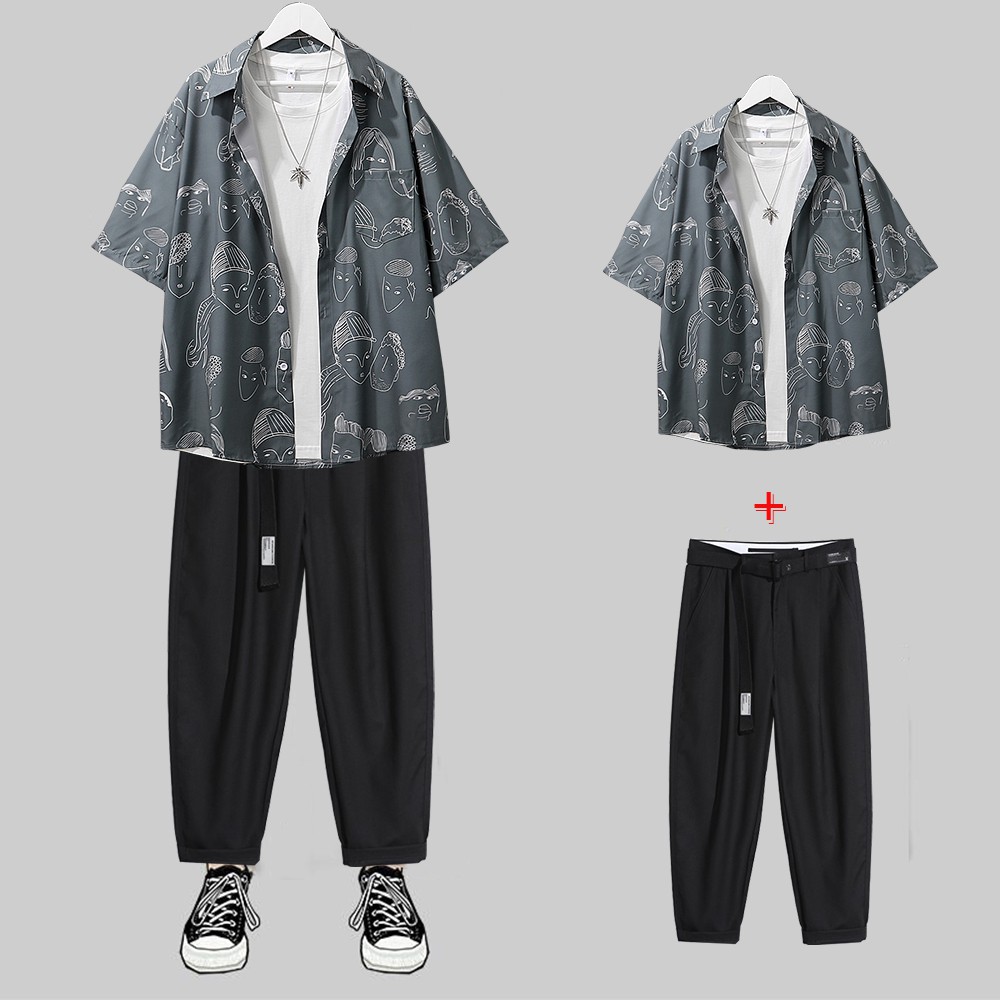 Combo Áo Sơ Mi Ngắn Tay Hoạ Tiết Mặt Người Hàn Quốc Kết Hợp Quần Tây Âu Dáng Baggy (Tặng Dây Lưng) SOMI 37 + JOGGER 66 B | BigBuy360 - bigbuy360.vn