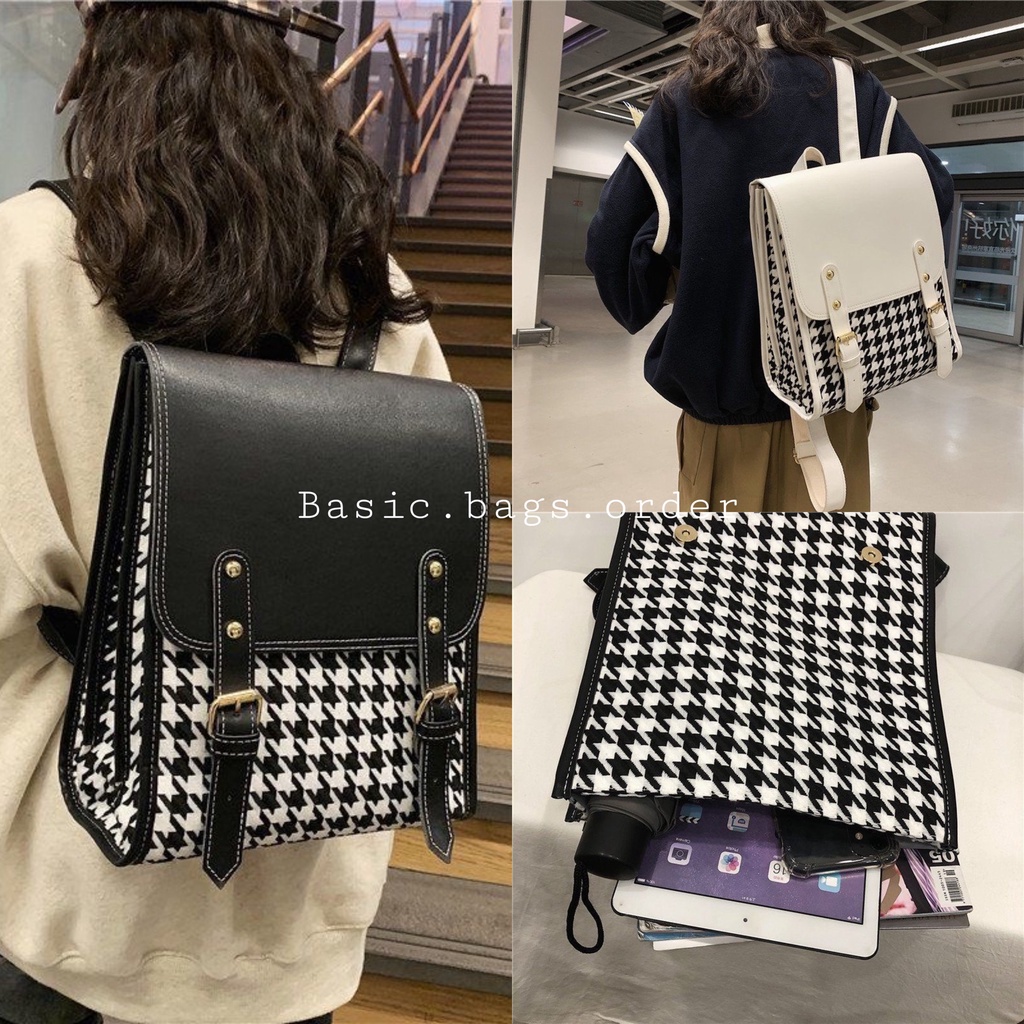 Balo nữ nắp gập khoá nam châm thời trang hoạ tiết zigzag kẻ đen trắng