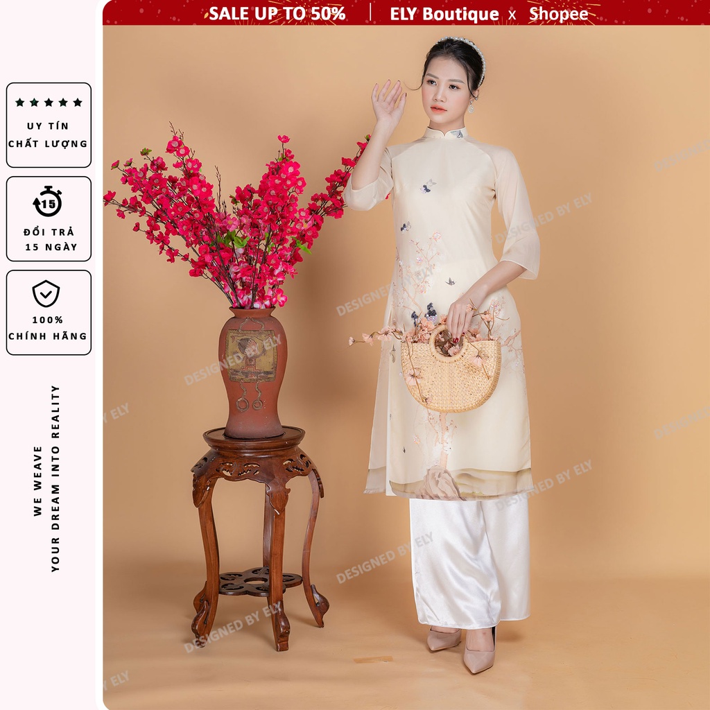 Áo dài cách tân nữ thiết kế 4 tà ELY vải voan tơ in thêu họa tiết nổi ELV06