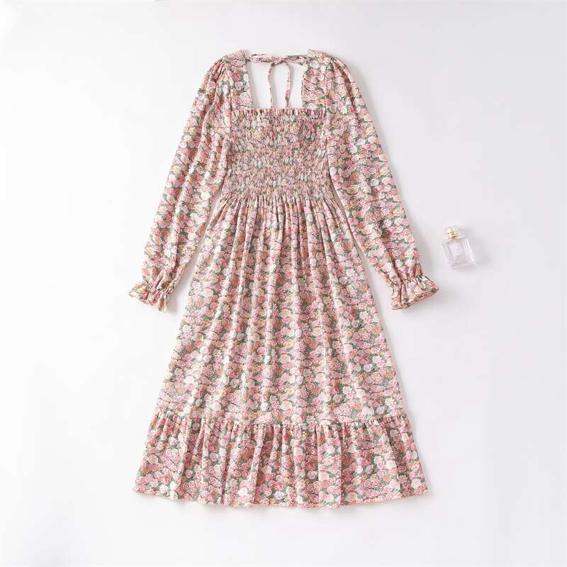 Đầm midi Dáng Chữ A Tay Dài Xếp Ly In Họa Tiết Hoa Có Dây Cột Sau Lưng Phong Cách boho