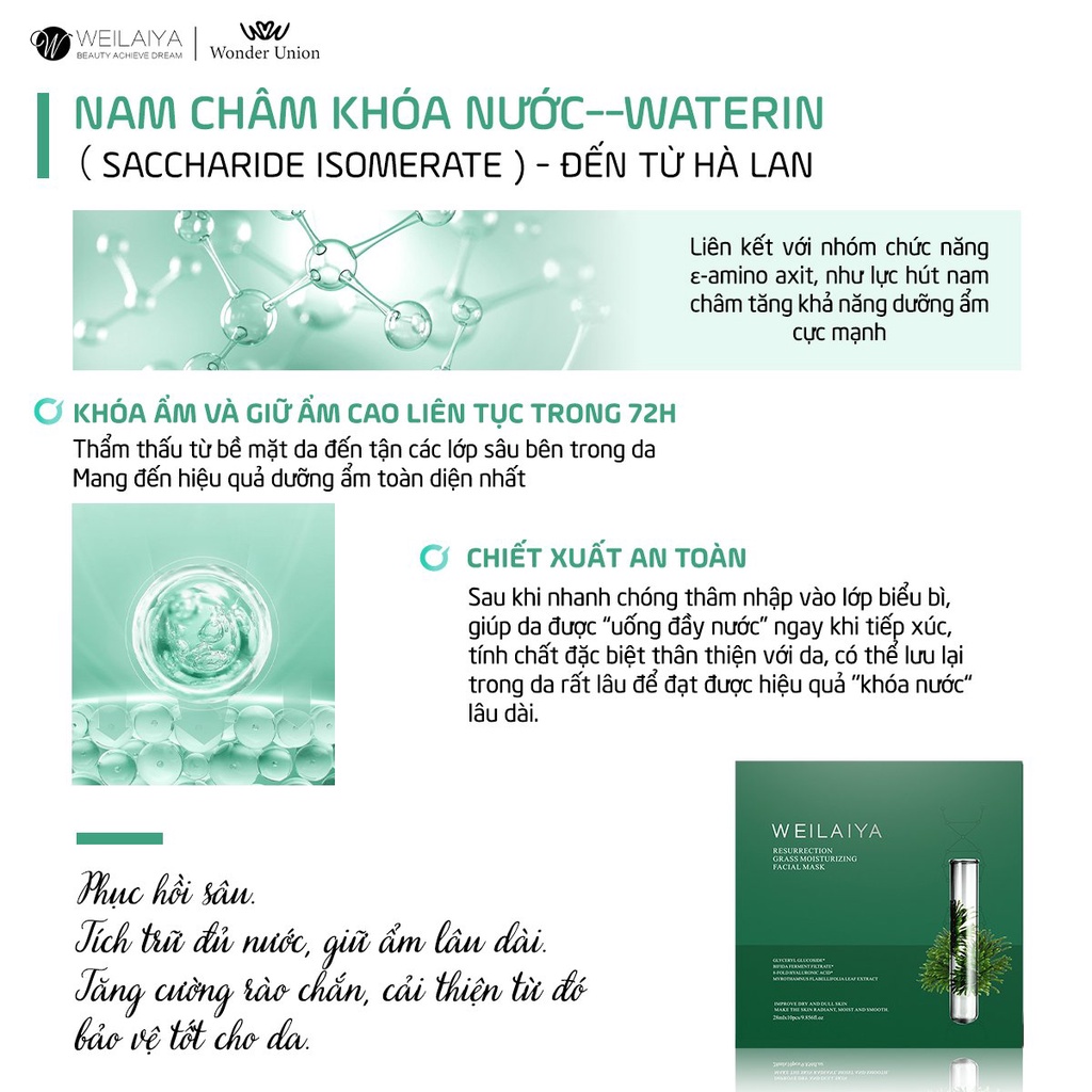 Mặt nạ giấy tái sinh cỏ vạn năm Weilaiya dưỡng da, dưỡng ẩm khóa nước, tăng độ đàn hồi cho da hộp 10 cái