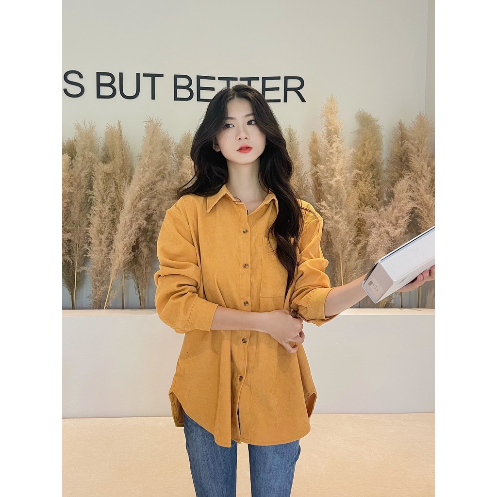 Áo sơ mi nhung tăm, sơ mi nữ, áo dài tay oversize có sẵn, max 63kg