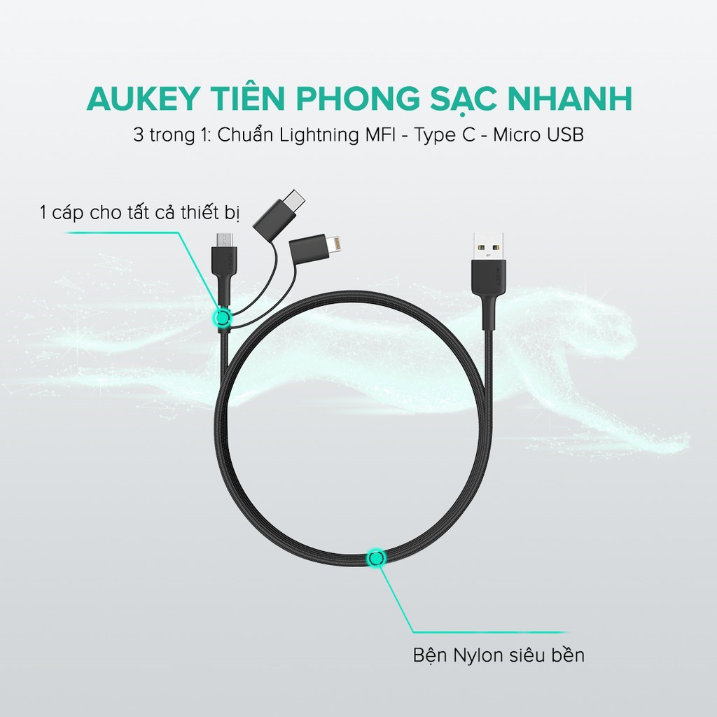 Cáp Sạc Nhanh 3 Trong 1 Aukey CB-BAL5 3 Cổng Lightning chuẩn MFi , Type C, Micro USB, Siêu Bền -  Bảo hành 24 Tháng