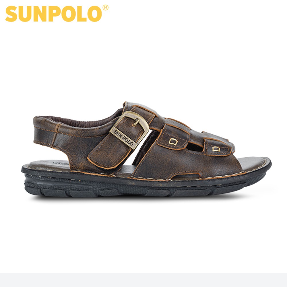 Sandal Nam Da Bò Cao Cấp SUNPOLO Nâu Đen SUSDA22ND