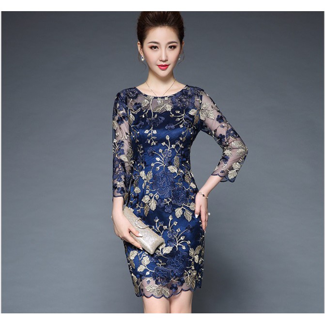 Đầm váy ôm thêu ren AM047 lót lụa hoa xanh cao cấp (hàng order)