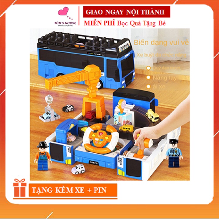 Ô Tô Đồ Chơi Xe Buýt Biến Hình Có Cần Cẩu Kèm Vô Lăng Điều Khiển Ô Tô Bằng Tay Phát Nhạc Cho Bé