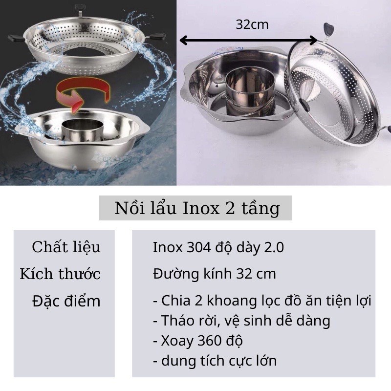 Nồi lẩu inox xoay 2 tầng Hàn Quốc, Nồi lẩu đa năng dùng được cả bếp từ và bếp gas, Xoong ăn lẩu đa năng