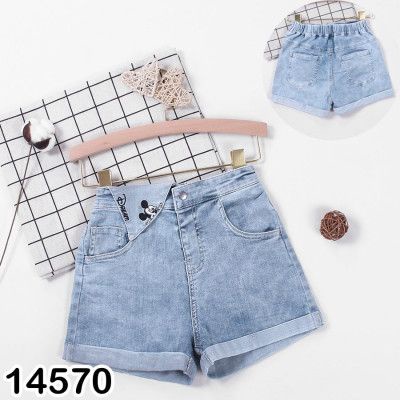 Quần short jean Bigbaby, chất jean mềm lưng thun sau thêu mickey cho bé gái 25-55kg