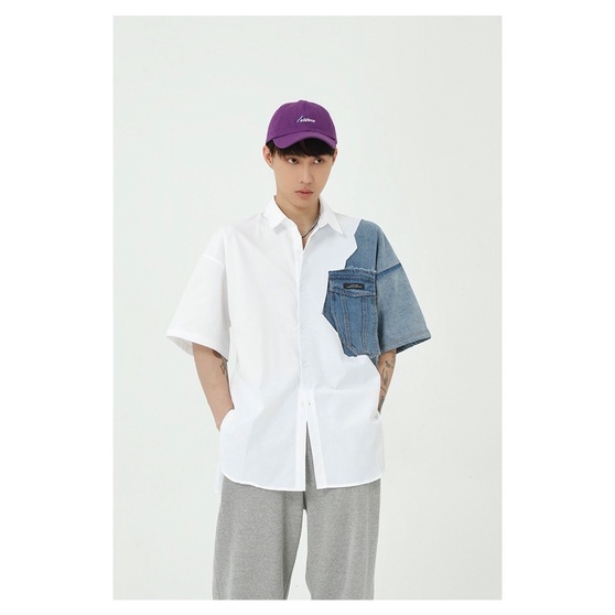 Áo sơ mi hàn quốc xẻ tà cho nam - tay lửng phối jean rách phong cách unisex