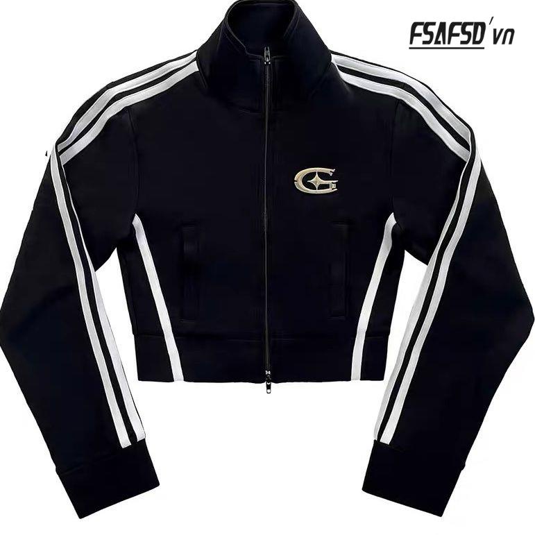 Áo Khoác Thể Thao Tay Dài Dáng Ngắn Kẻ Sọc Màu Đen Cá Tính